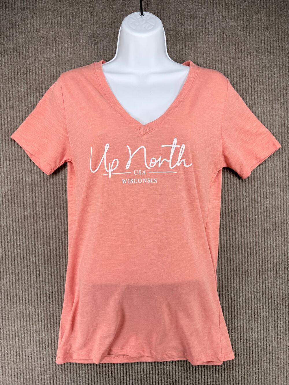 Artisans Up North Wisconsin V-Neck T-Shirt Peach Pink Slub Knit Large NWT